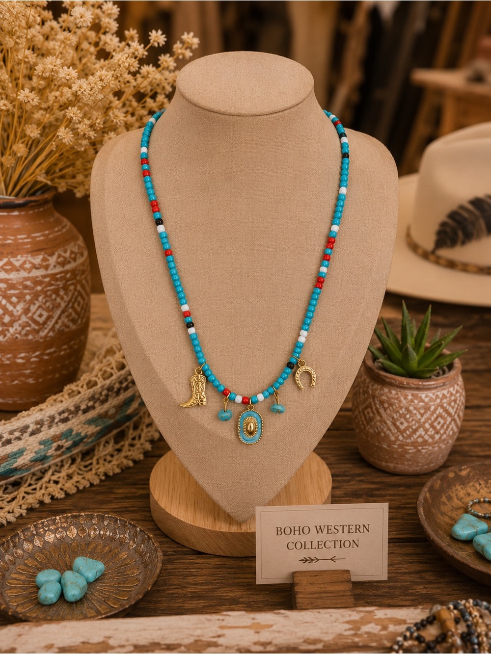 Western Boho Turquoise Beaded Charm Necklace Cowboy Boot/Horseshoe 17” Gold Tone